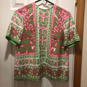 Trina Turk Womens Riggs Blouse XS Floral Print Back Keyhole Back Green Pink $378